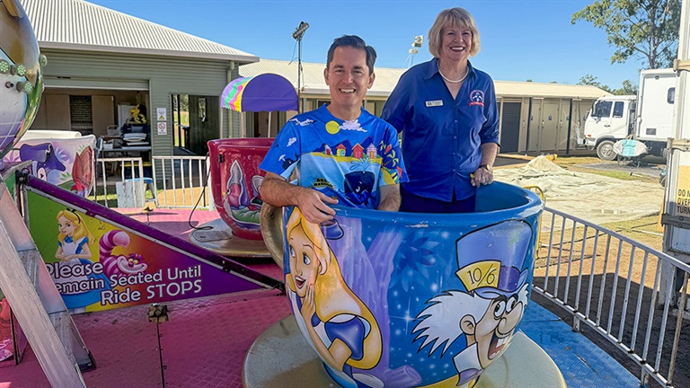 Fraser Coast Mayor George with Fraser Coast Agricultural Show Society President Joy Duke inspecting a kid's ride at the Fraser Coast Show.